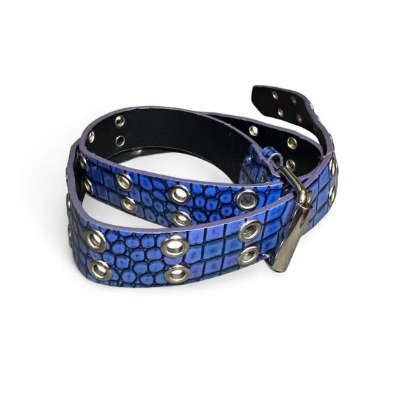Y2K Iridescent Blue Croc Embossed Grommet Belt 2XL – E-girl Emo Grunge Scene - Picture 5 of 7